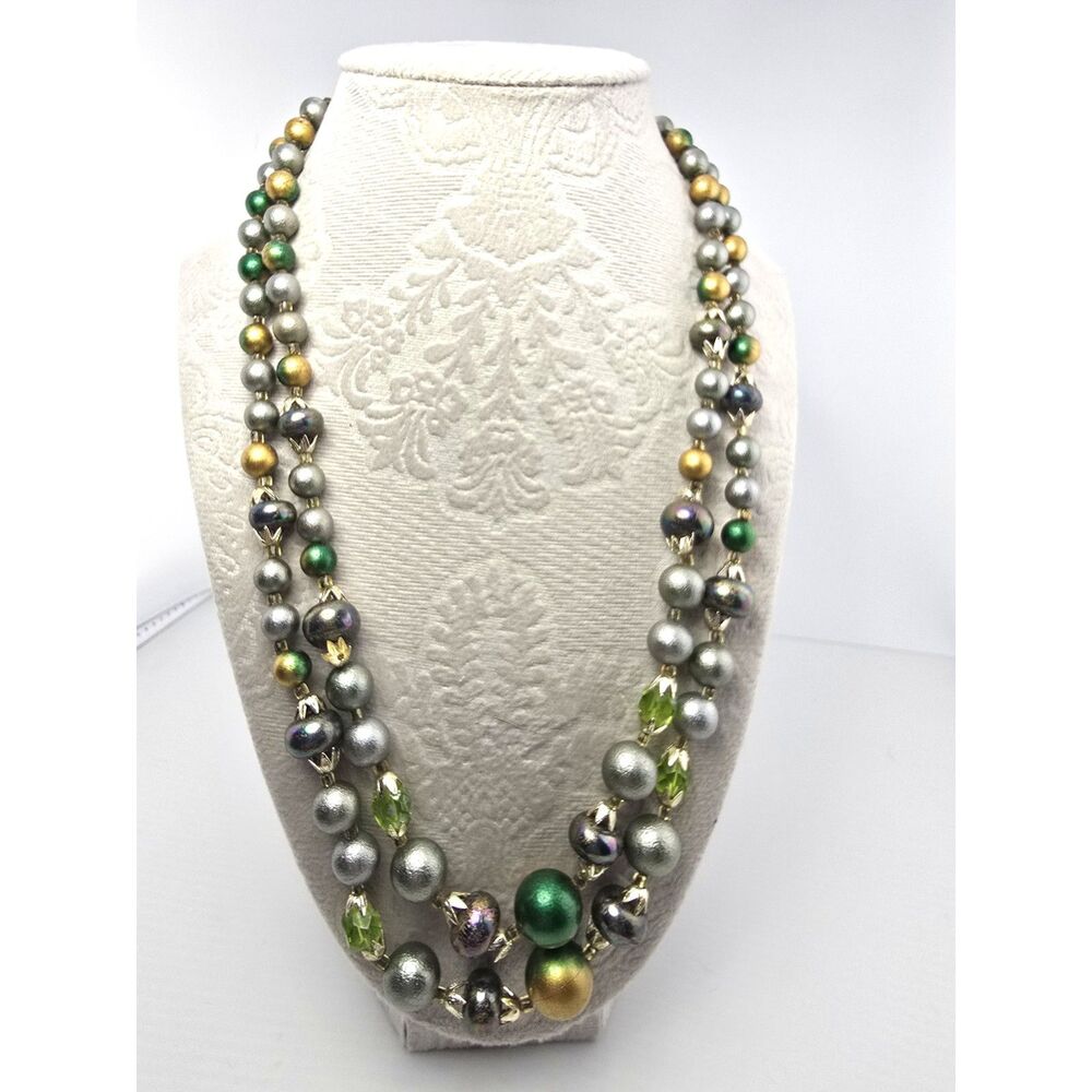 Vintage Japan Beaded Necklace 2 Strand Silver Green Gold Mixed Beads 20 in.